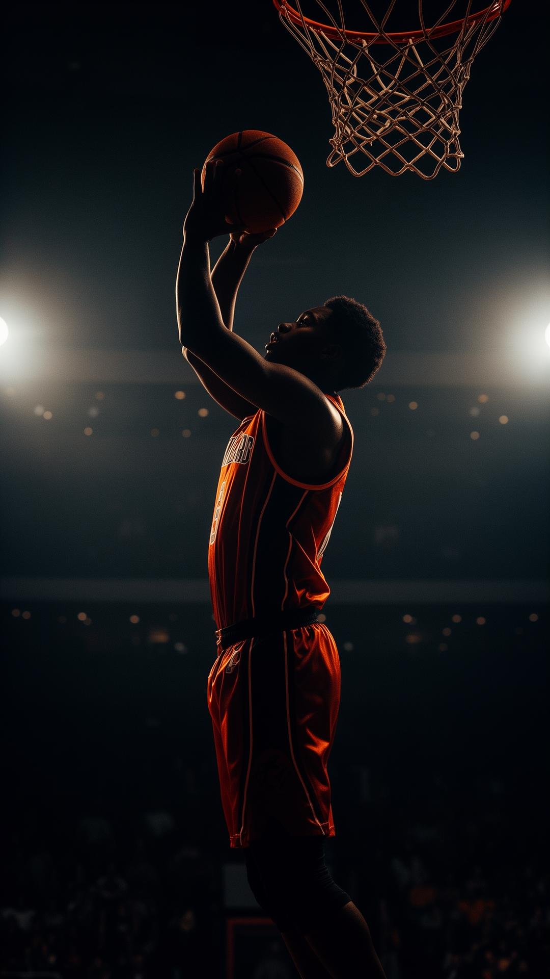 Athlete rising for a shot under stadium lights